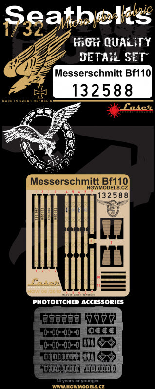 HGW 132588 1:32 Messerschmitt Bf-110 pre-cut (laser) seatbelts