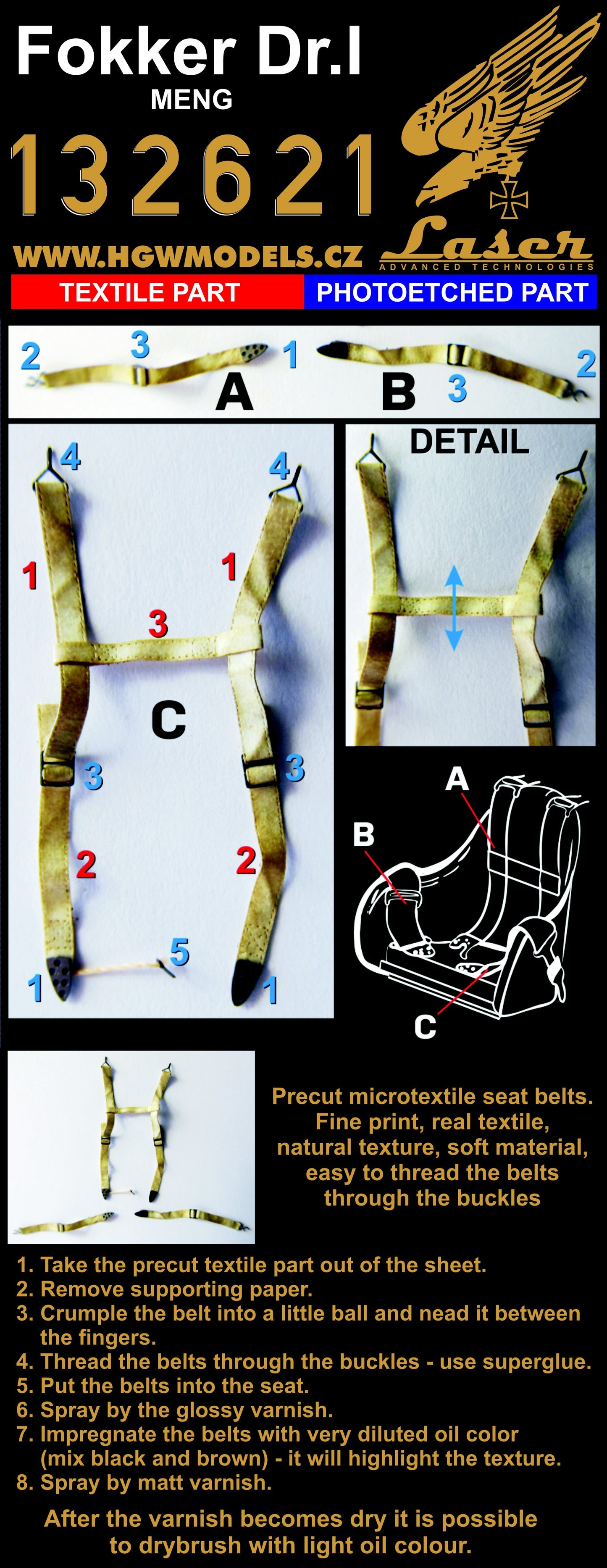 HGW 132621 1:32 Fokker Dr.I Triplane pre-cut Seatbelts