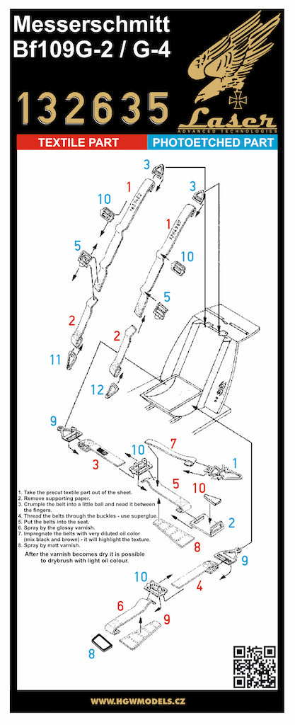 HGW 132635 1:32 Messerschmitt Bf-109G-2/4 Pre-Cut (Laser) Seatbelts