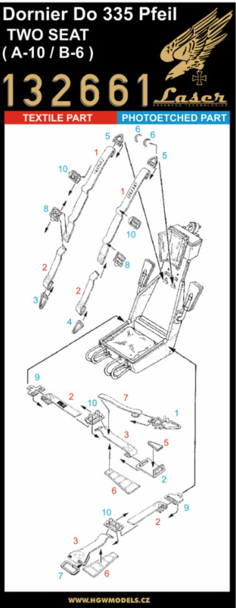 HGW HGW132661 1:32 Dornier Do-335B-6/Do-335A-10 'Pfeil' (2 SEATS) - SEATBELTS Textile seat belts designed for aircraft Dornier Do335 Pfeil (2 Seats). Belts are made from real microfibre and in combination with included photo etched buckles
