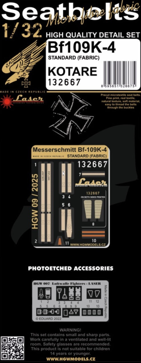HGW 132667 1:32 Messerschmitt Bf-109K-4 standard (fabric) - SEATBELTS