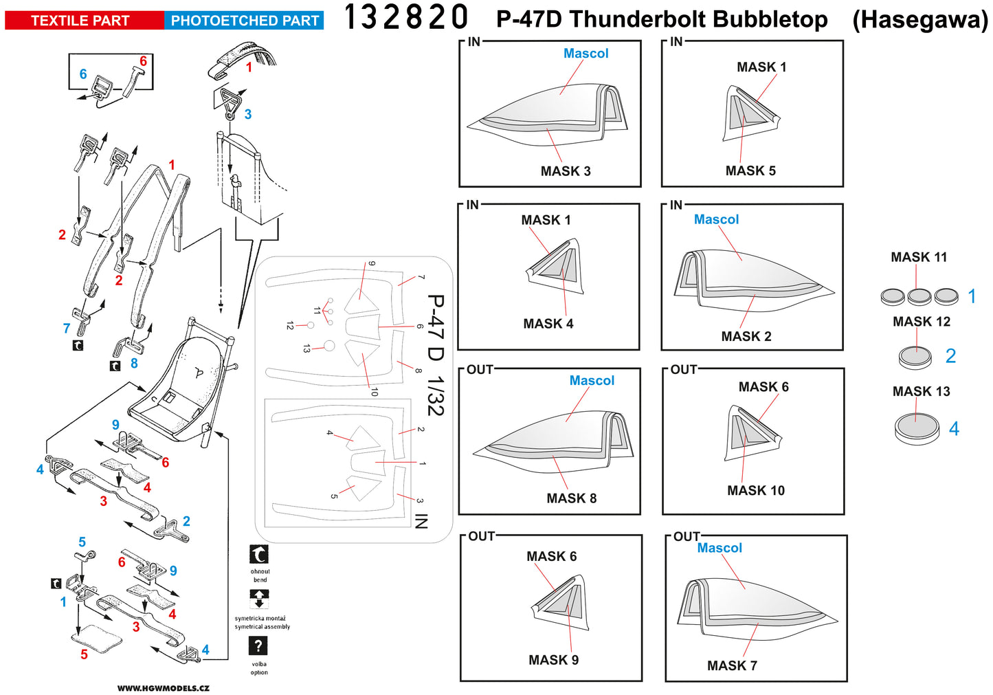 HGW 132820 1:32 Republic P-47D Thunderbolt Bubbletop BASIC LINE: Laser Cut Seatbelts, Etched Buckles + Canopy Masks