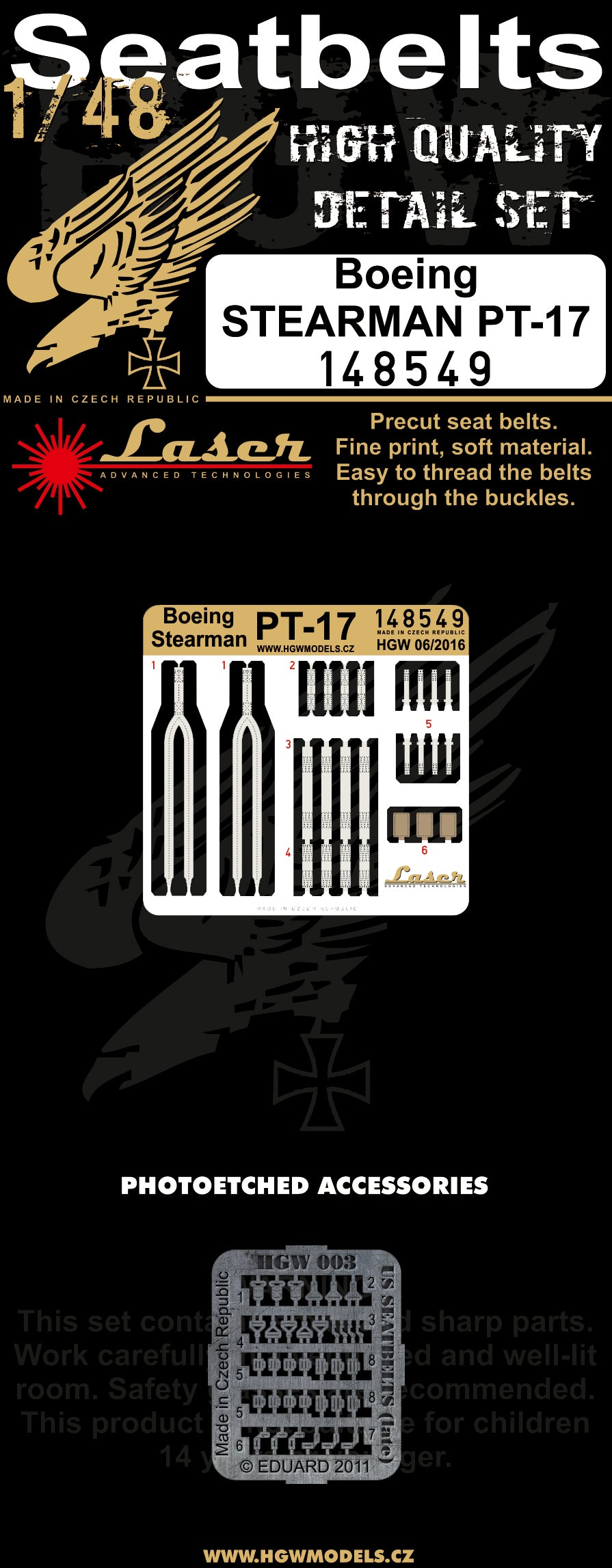 HGW 148549 1:48 Boeing Stearman PT-17 pre-cut (laser) seatbelts