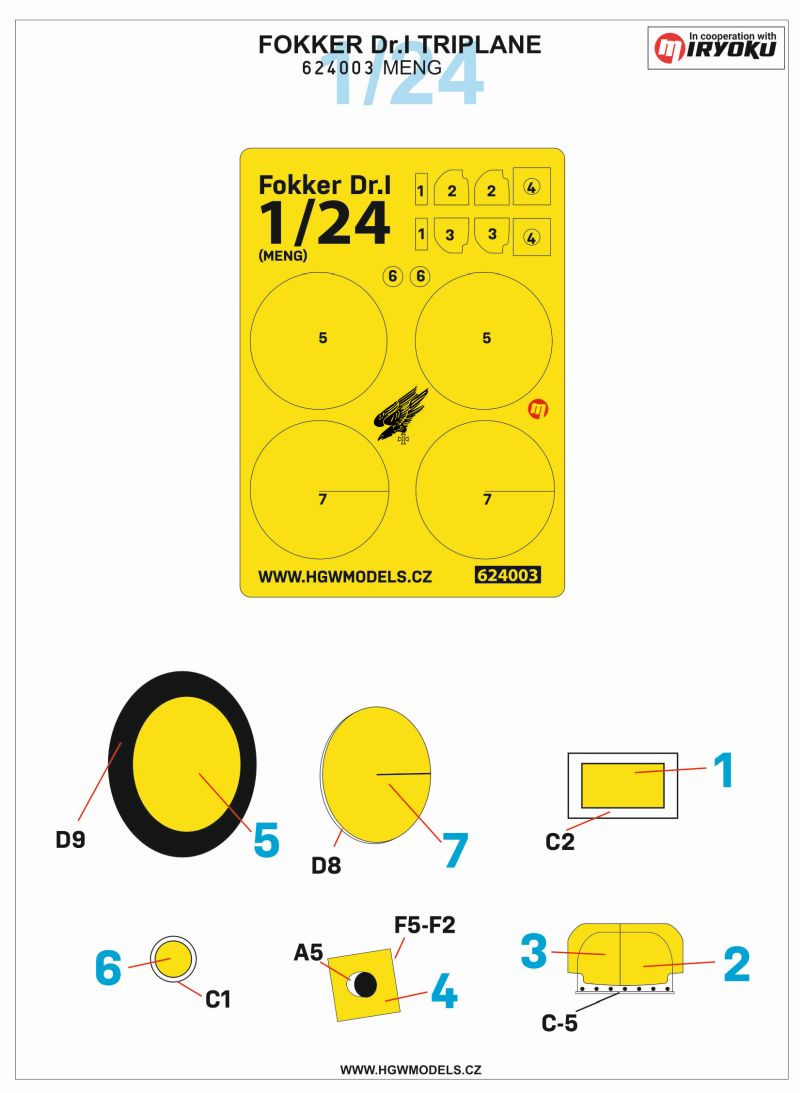 HGW 624003 1:24 Fokker Dr.I Triplane Canopy & Wheels Mask