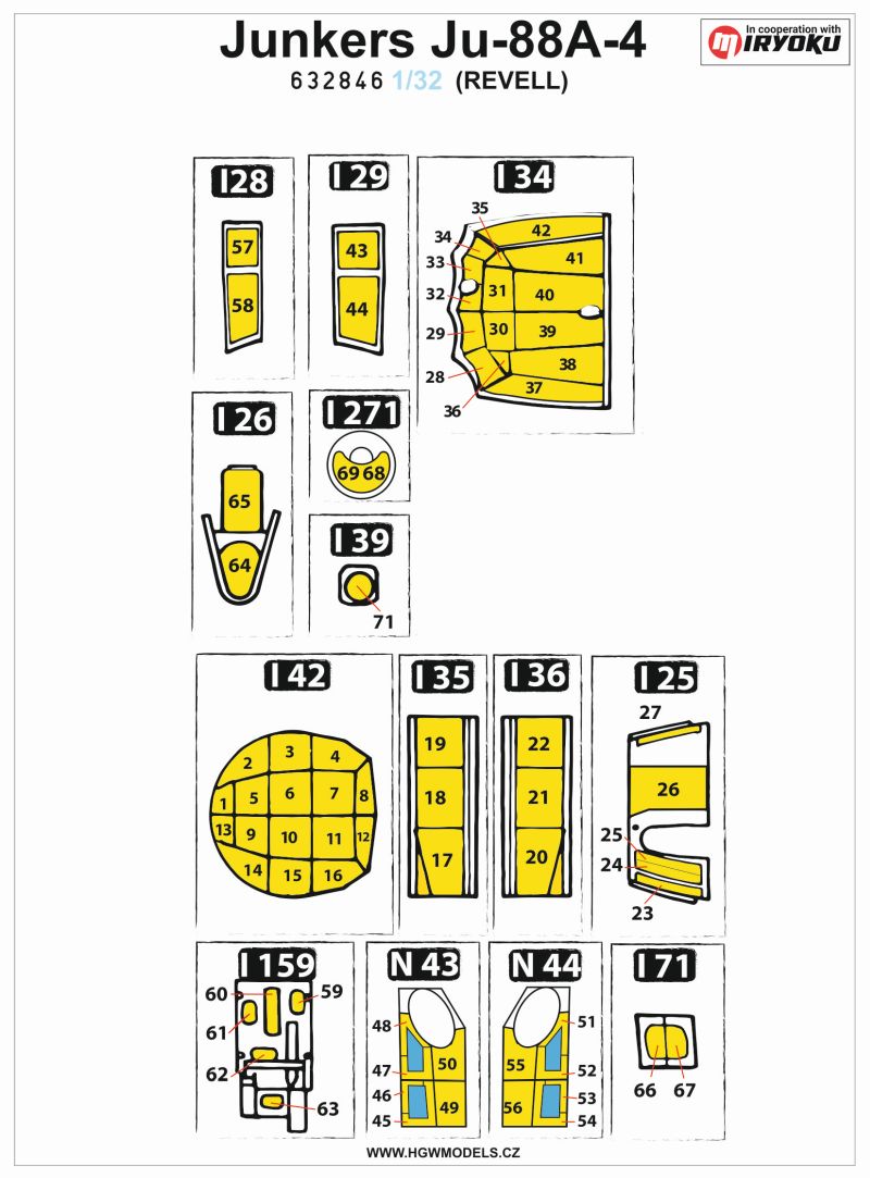 HGW 632846 1:32 Junkers Ju-88A-4 Inside & Outside Canopy & Wheels Mask