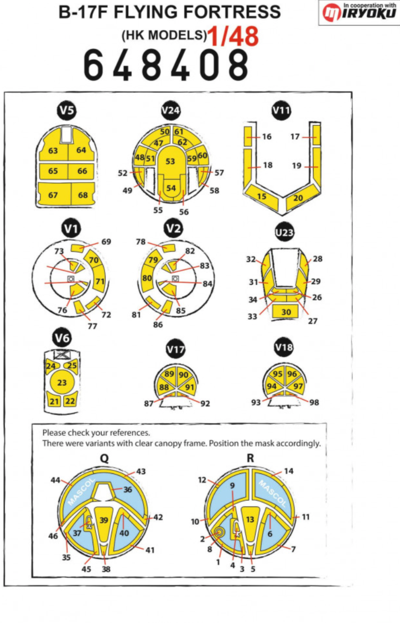 HGW 648408 1:48 B-17F wheels and canopy frame paint mask