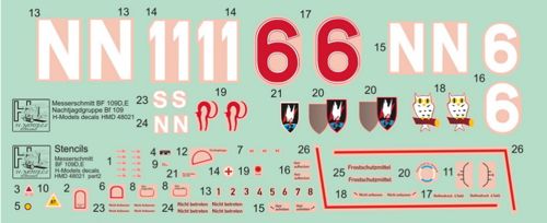 H-Model Decals HMD48021 1:48 Messerschmitt Bf-109E/Bf-109D Nachtjagdgruppe Messerschmitt Bf-109, Pt.2
