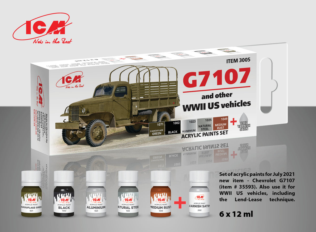 ICM UA 3005 1:32, 1:35, 1:48, 1:72 Acrylic Paint Set for G7107 4x4 WWII Army Truck