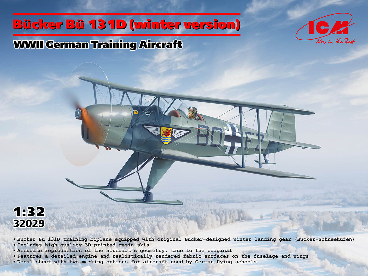ICM 32029 1:32 Bucker Bu-131D (winter version on ski's), WWII German Training Aircraft