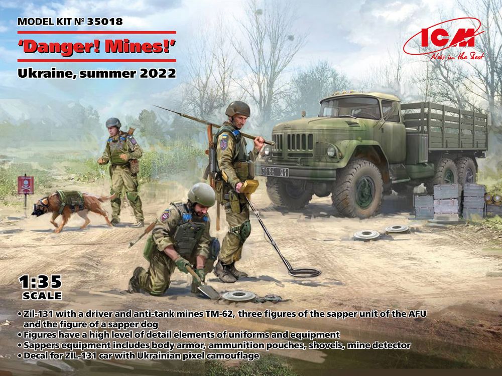 ICM 35018 1:35 'Danger! Mines!' Ukraine, summer 2022 Series ZiL-131 with driver, AFU sappers, dog and mines'