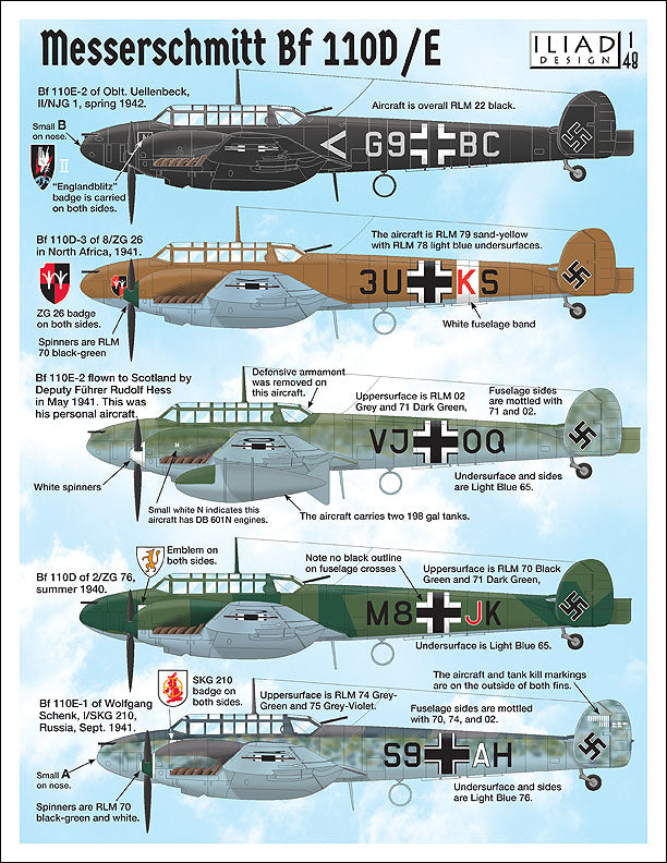 Iliad Design ILD48016A 1:48 Messerschmitt Bf-110D/Bf-110E decals