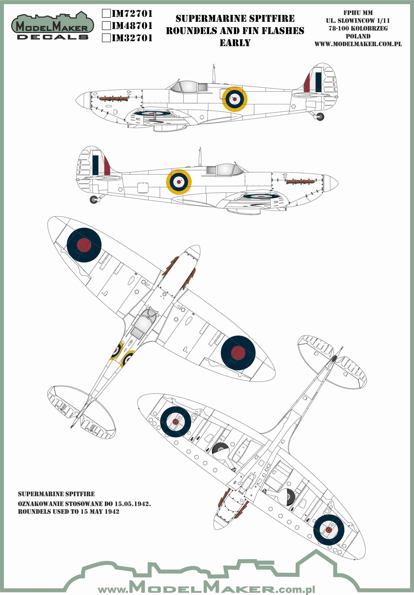 Model Maker Decals IM48701 1:48 Supermarine Spitfire roundels and fin flashes – EARLY