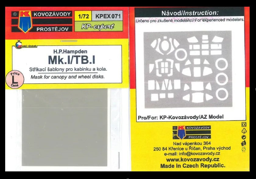 Kovozavody Prostejov KPEX071 1:72 Handley-Page Hampden MASK for canopy and wheel disks
