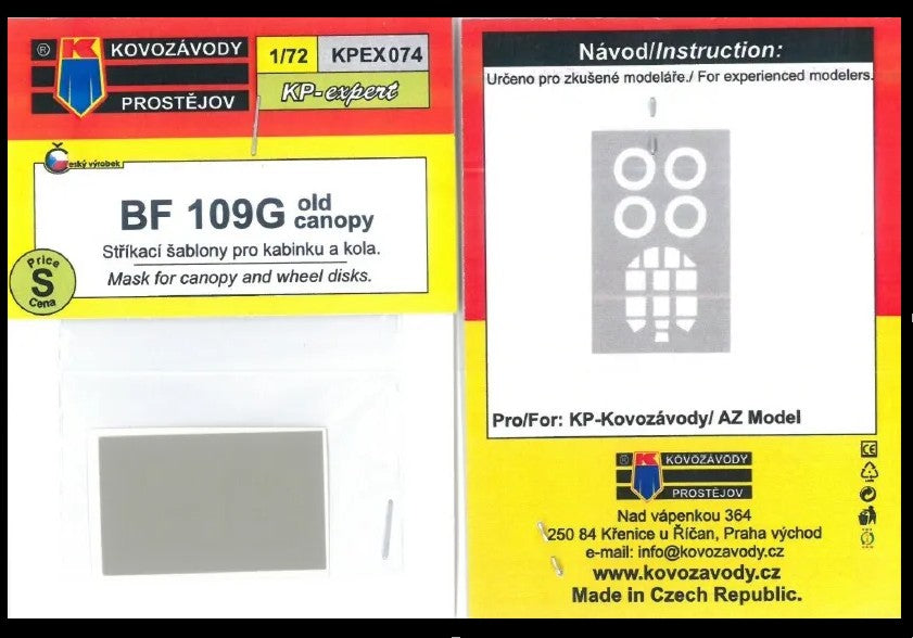 Kovozavody Prostejov KPEX074 1:72 Messerchmitt Bf-109G old canopy MASK for canopy and wheel disks