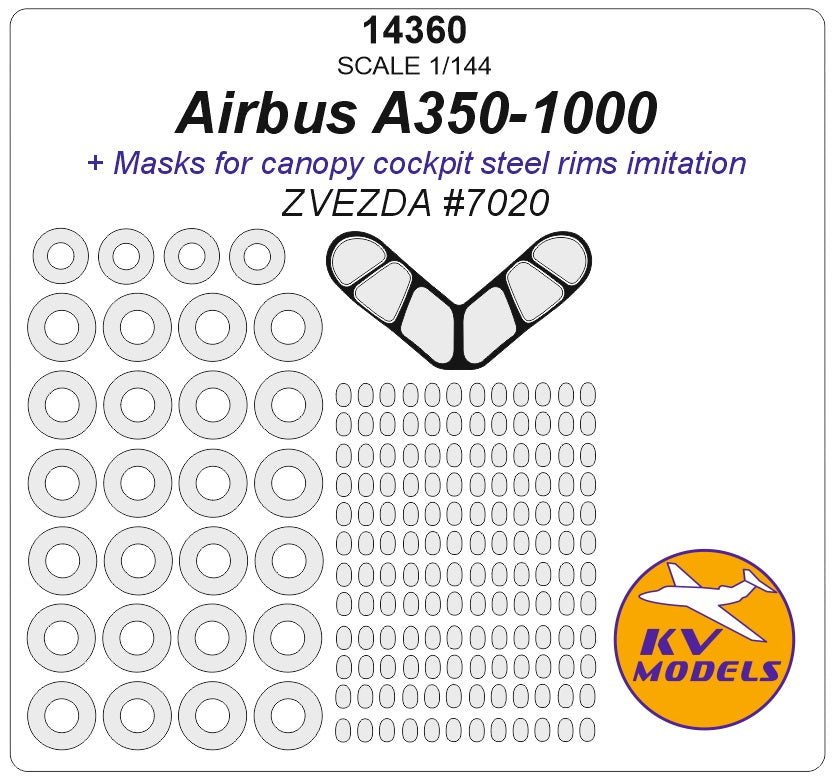 KV Models 14360 1:144 Airbus A350-1000 wheels and canopy frame paint masks (outside only)