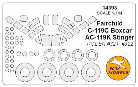 KV Models 14393 1:144 Fairchild C-119C Boxcar / AC-119K Stinger canopy frame paint mask AND wheel paint mask