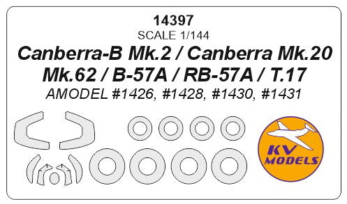 KV Models 14397 1:144 BAC/EE Canberra B Mk.2 / Canberra Mk.20 / Mk.62 / B-57A / RB-57A T.17 canopy frame paint mask AND wheel paint mask
