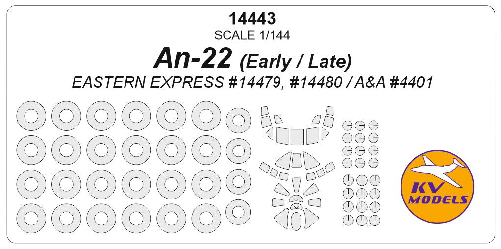 KV Models 14443 1:144 Antonov An-22 early / late wheels and canopy frame paint masks (outside only)