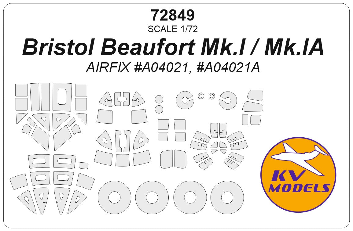 KV Models 72849 1:72 Bristol Beaufort Mk.I / Mk.IA (AIRFIX #A04021, #A04021A) wheels and canopy frame paint masks