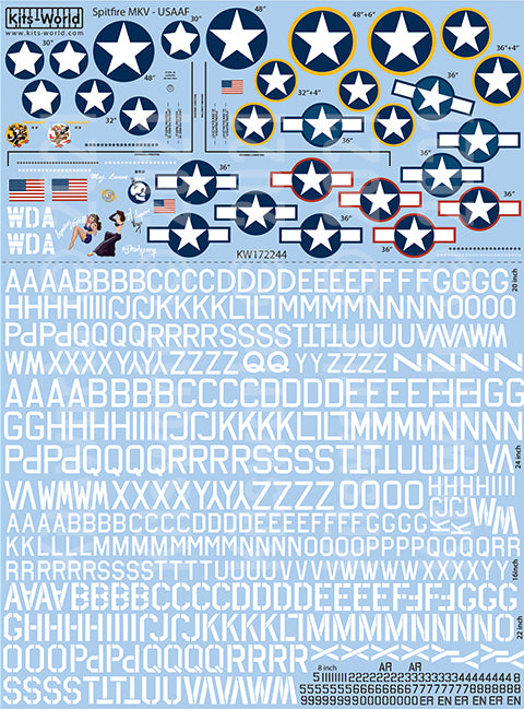 Kits-World KW172244 1:72 Spitfire Nose-Art, Roundels, Fin-Flashes, Lettering & Numbers