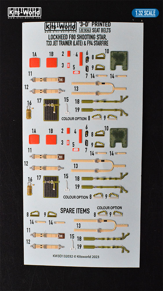 Kits-World 3D132032 1:32 Full Colour 3D Decals - Lockheed F80 Shooting Star T33 Trainer (Late) Seat Belts Set