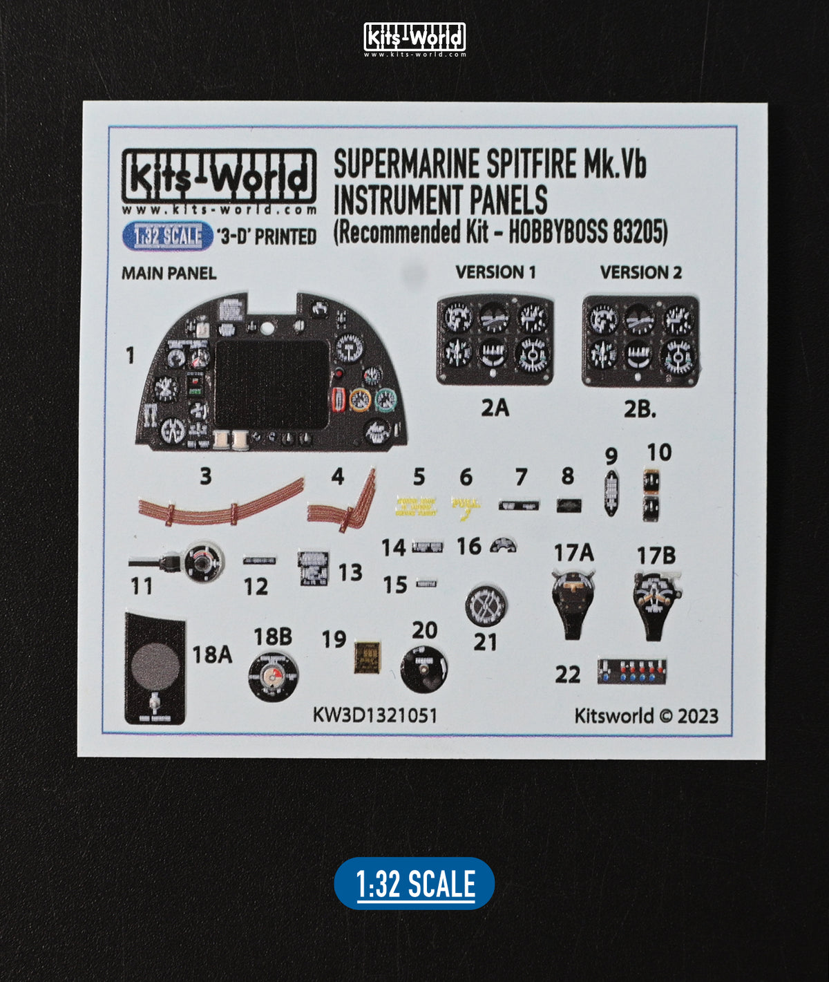 Kits-World 3D1321051 1:32 Supermarine Spitfire Mk.Vb Full colour Instrument Panel
