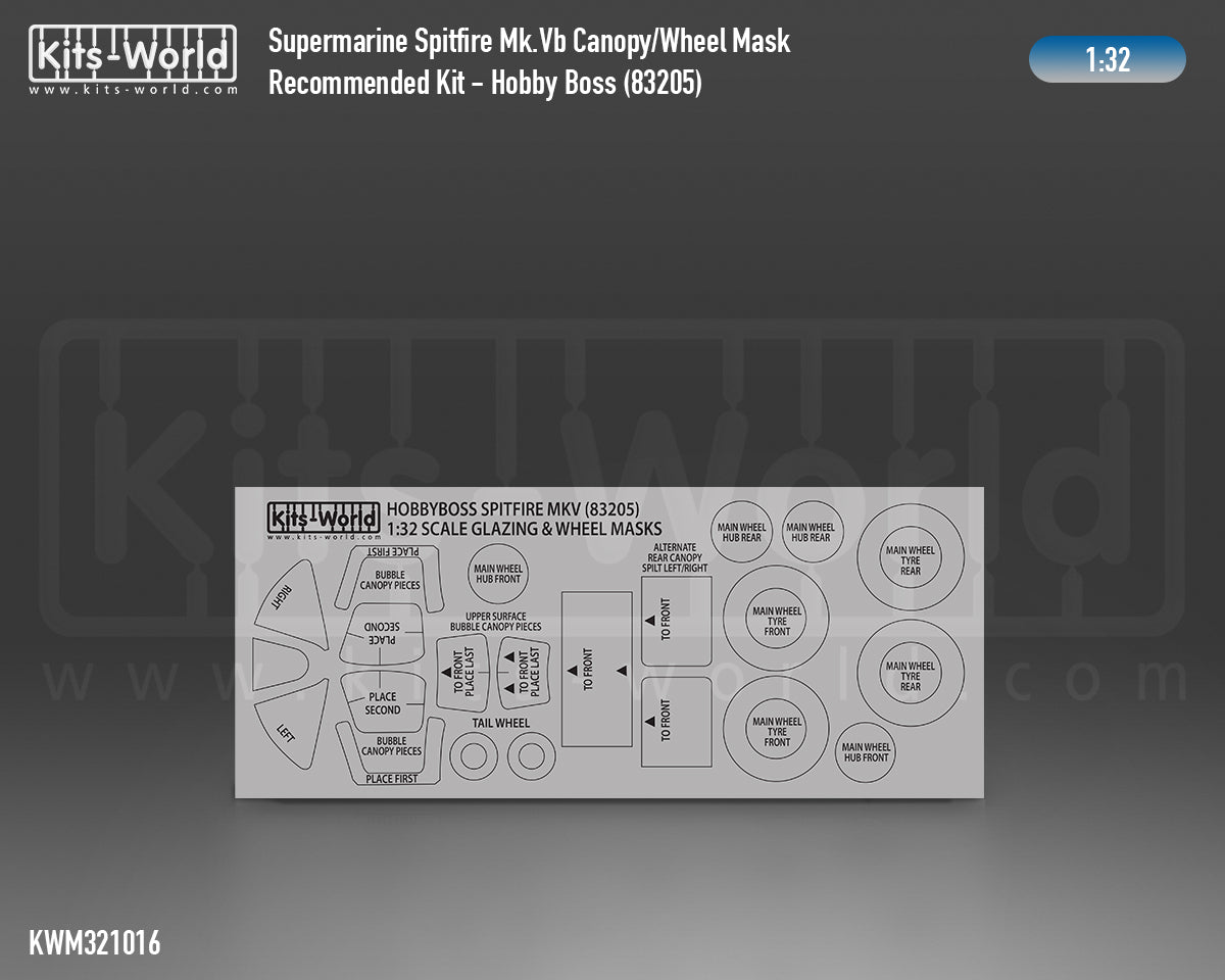 Kits-World KWM321016 1:32 Supermarine Spitfire Mk.Vb wheels and canopy frame paint mask