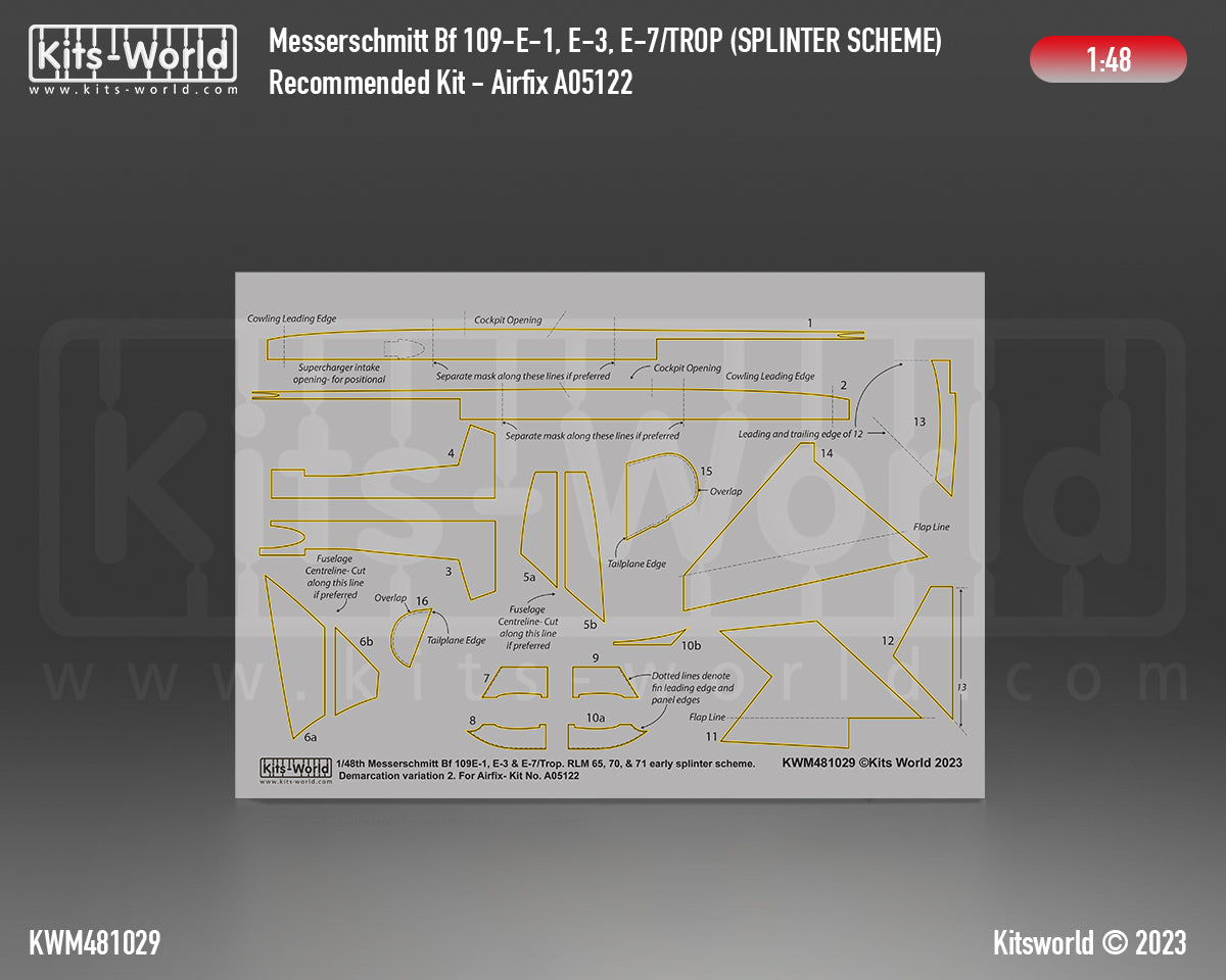 Kits-World M481029 1:48 Messerschmitt Bf 109E-1/3/7 Trop. Splinter Scheme Variation 2 Camouflage Paint Mask