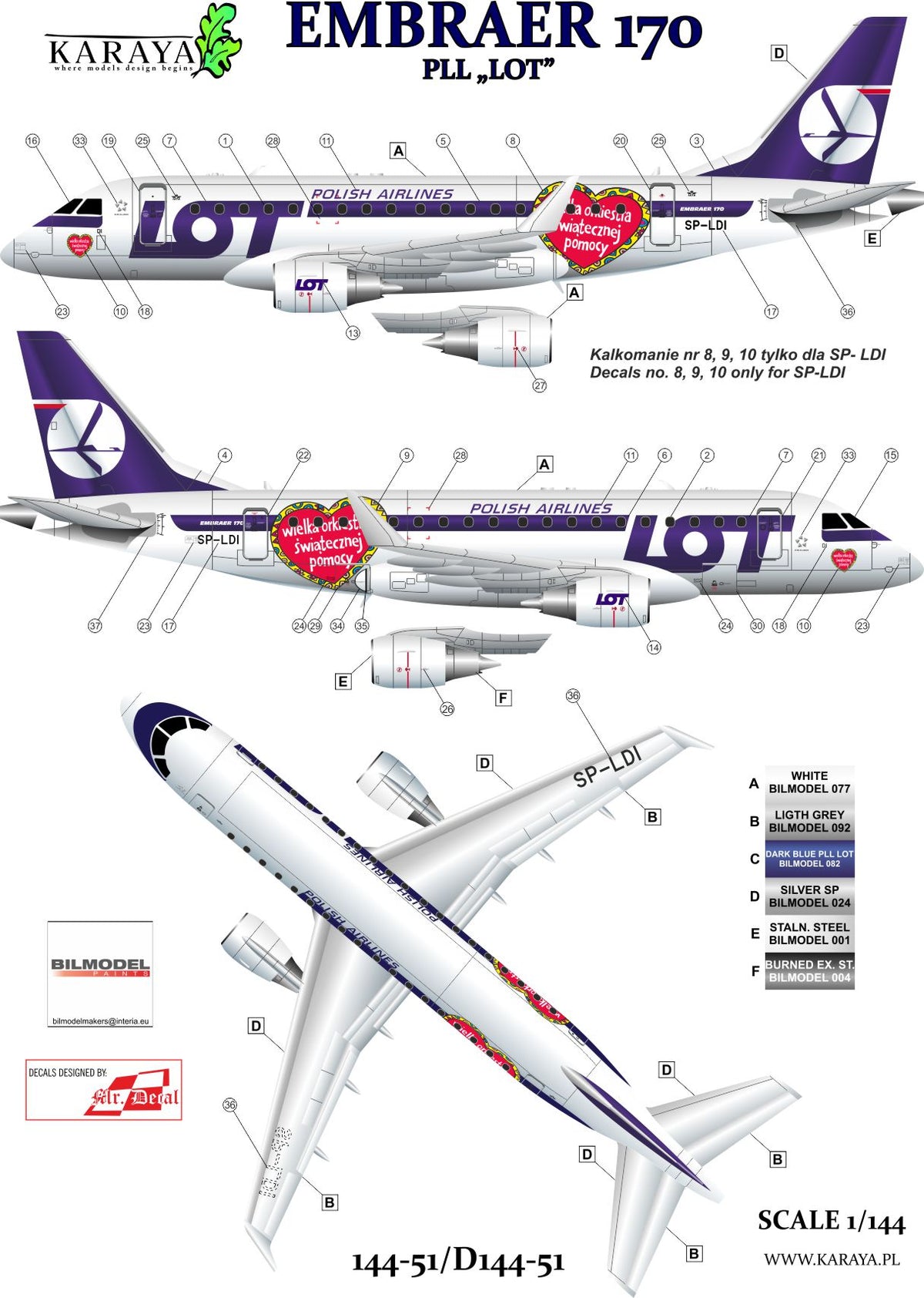 Karaya 144-51 1:144 Embraer 170 PLL LOT (early and special WOSP liveries)