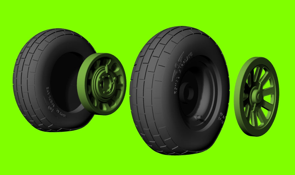 LF Models LF3D3204 1:32 P-51D Mustang wheels with weighted effect tyres with block tread pattern and separate 3d-printed hubs