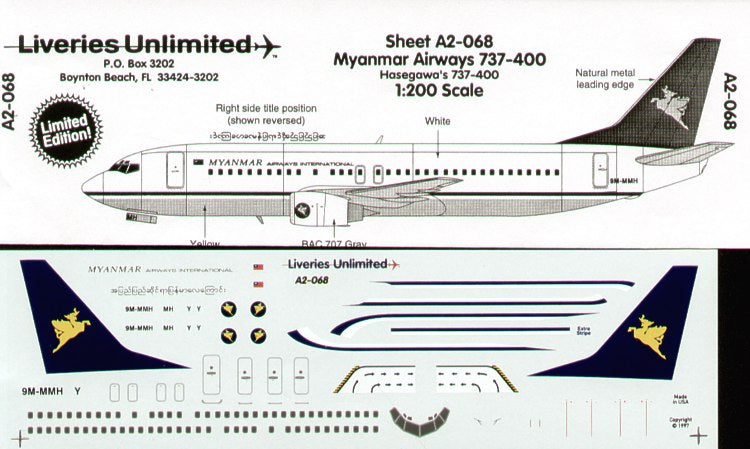 Liveries Unlimited 2068 1:200 Boeing 737-400 MYANMAR AIRWAYS 9M-MMH (Burma)