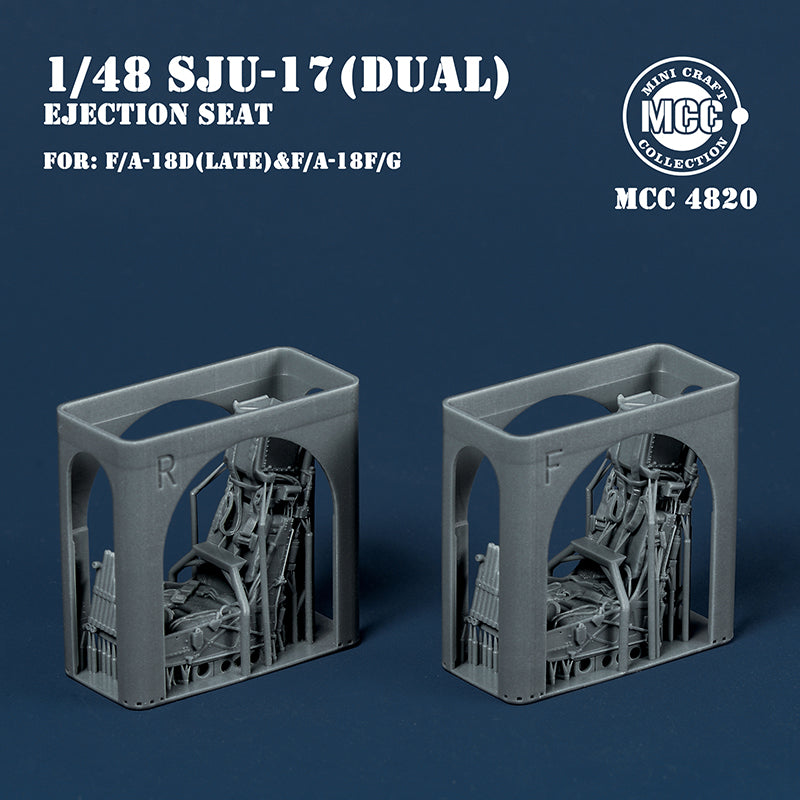 Mini Craft Collection MCC 4820 1:48 SJU-17 NACES Ejection Seats for F/A-18F/G & F/A-18D Late (2pcs). 1 pcs SJU-17(V)2/A (Front Seat) and 1 pcs SJU-17(V)9/A (Rear Seat) NACES Ejection Seats for F/A-18F Super Hornet, EA-18G Growler, F/A-18D H