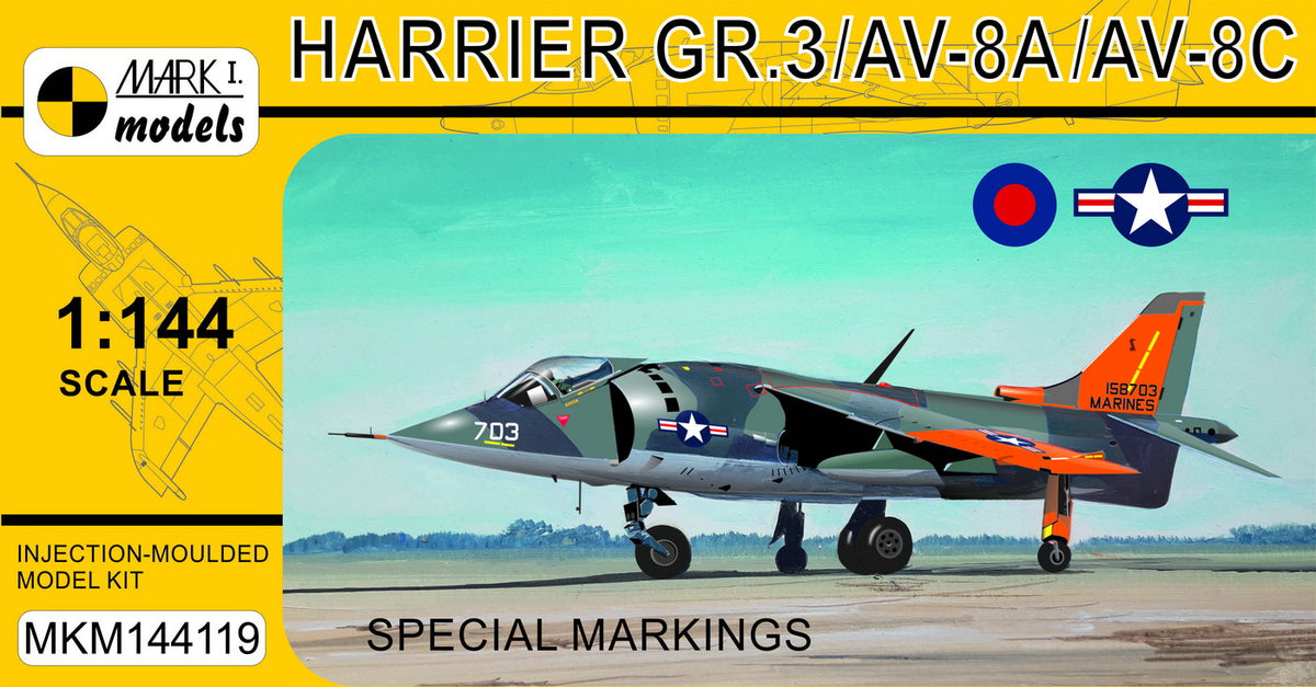 Mark I Models MKM144119 1:144 Harrier GR.3/McDonnell-Douglas AV-8A/McDonnell-Douglas AV-8C 'Special Markings' (RAF, RN, USMC)