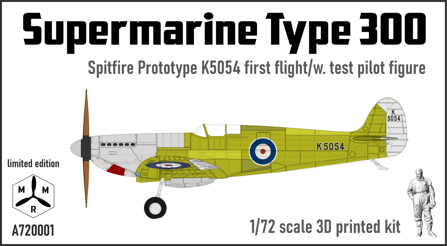 IBG Models A720001 1:72 Supermarine Spitfire Type 300 Prototype K5054 first flight with test pilot figure. Injection and 3D
