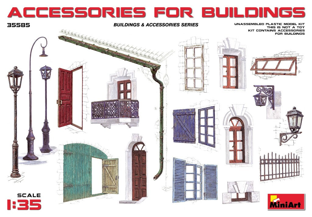 MiniArt 35585 1:35 Accessories for Buildings. Doors, windows, drain pipes, street lamps, wall lamps and fence