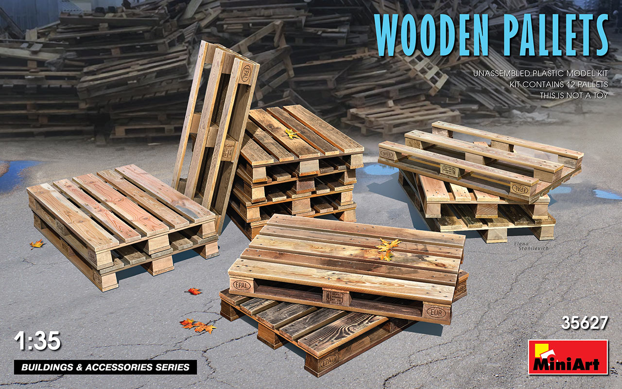 MiniArt 35627 1:35 Wooden pallets x 12. Unassembled Plastic Model Kit including decals