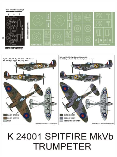 Montex K24001 1:24 Supermarine Spitfire Mk.VB (canopy frame paint masks (inside and outside)) + insignia and markings masks