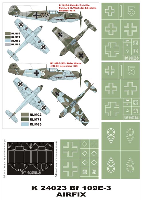 Montex K24023 1:24 Messerschmitt Bf-109E-3 (canopy frame paint masks (inside and outside)) + insignia and markings masks
