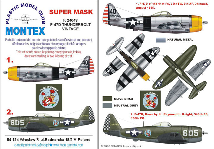 Montex K24048 1:24 Republic P-47D Thunderbolt (canopy frame paint masks (inside and outside)) + insignia and markings masks + decals