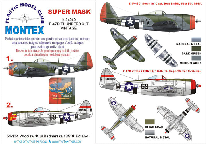 Montex K24049 1:24 P-47D Thunderbolt (canopy frame paint masks (inside and outside)) + insignia and markings masks + decals
