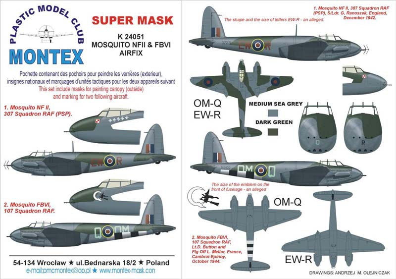 Montex K24051 1:24 Mosquito NF.11 / FB Mk.VI (canopy frame paint masks (inside and outside) + insignia and markings masks