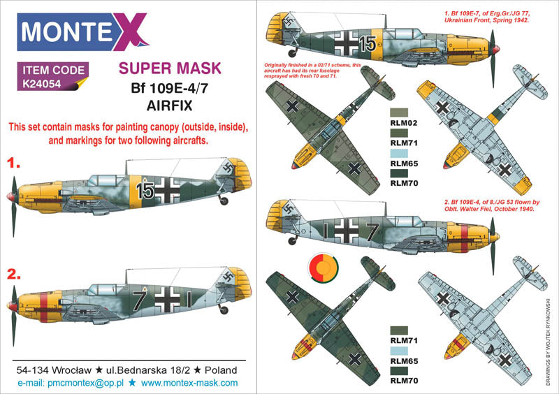 Montex K24054 1:24 Messerschmitt Bf-109E-4/7 (canopy frame paint masks (inside and outside) + insignia and markings masks