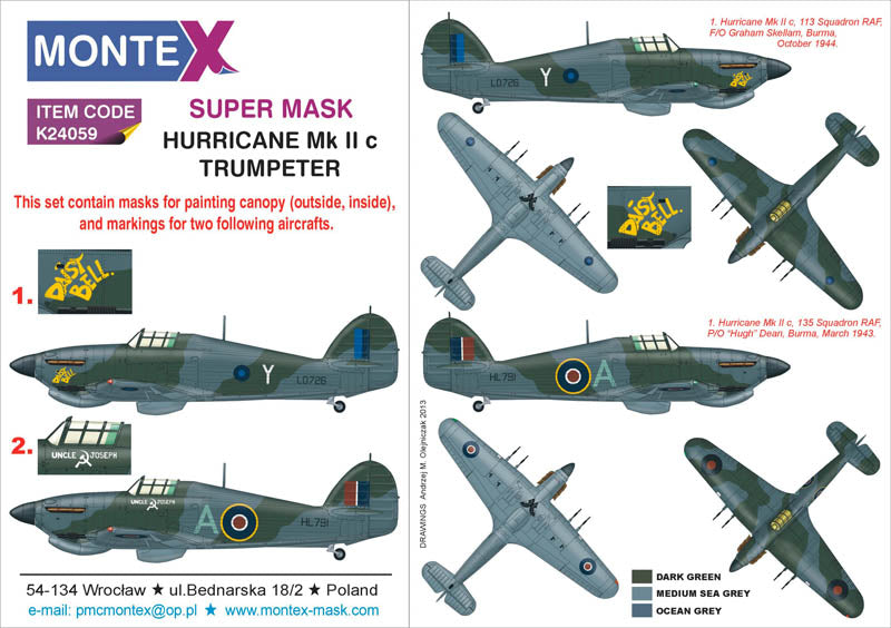 Montex K24059 1:24 Hawker Hurricane Mk.IIc (canopy frame paint masks (inside and outside)) + insignia and markings mask
