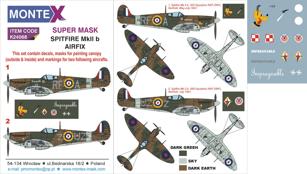 Montex K24068 1:24 Supermarine Spitfire Mk.IIb (canopy frame paint masks (inside and outside)) + insignia and markings masks + decals
