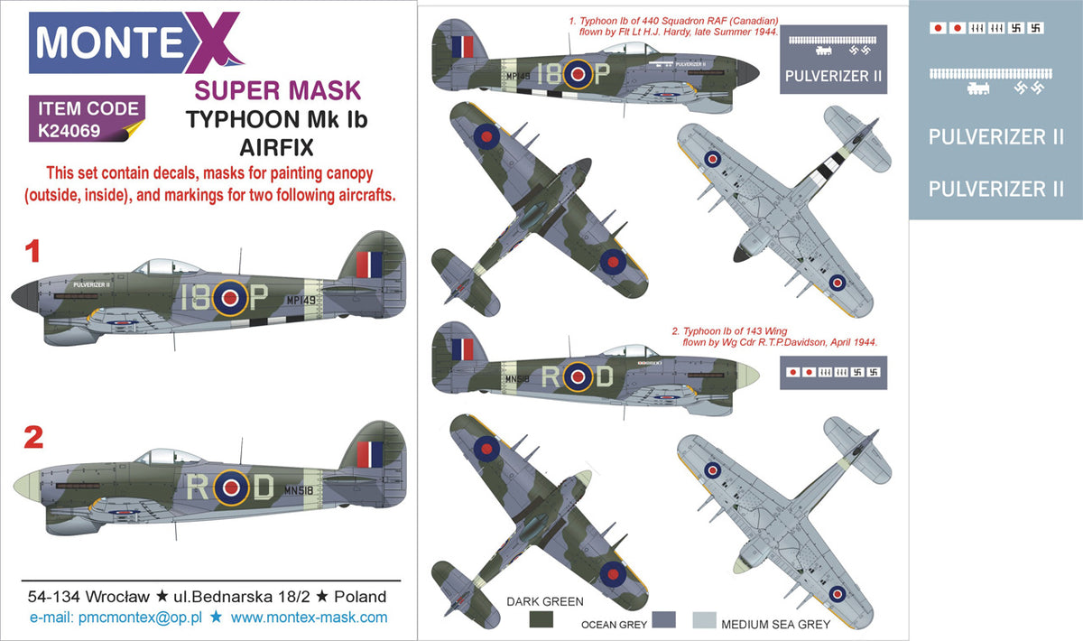 Montex K24069 1:24 Hawker Typhoon Mk.Ib 2 canopy frame paint mask (inside & outside) + insignia and markings masks + decals