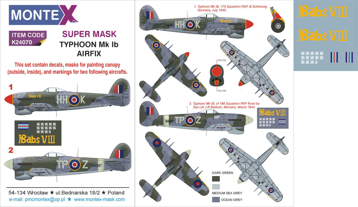 Montex K24070 1:24 Hawker Typhoon Mk.Ib 2 canopy frame paint mask (inside & outside) + insignia and markings masks + decals