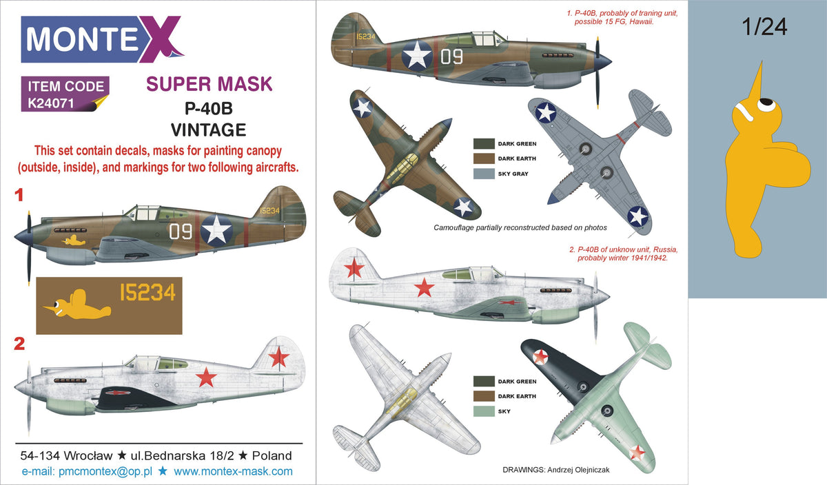 Montex K24071 1:24 Curtiss P-40B Tomahawk 2 canopy frame paint mask (inside & outside) + insignia and markings masks + decals