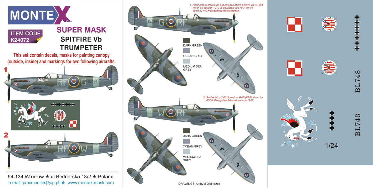 Montex K24072 1:24 Supermarine Spitfire Mk.Vb 2 canopy frame paint mask (inside & outside) + insignia and markings masks + decals