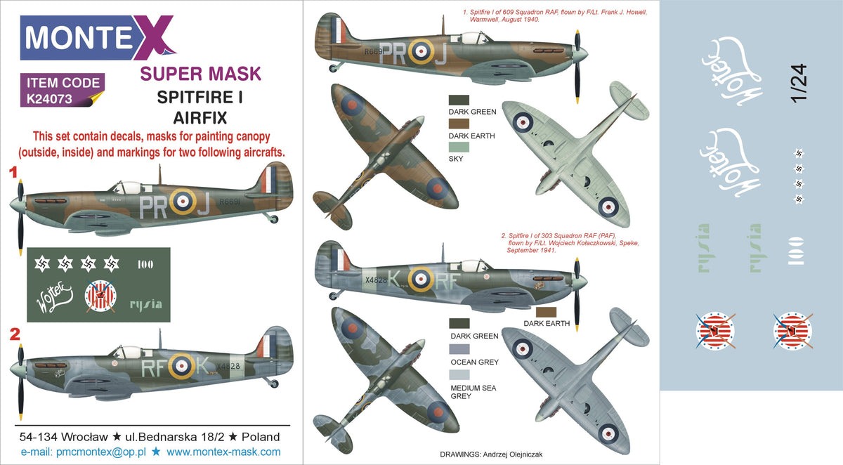 Montex K24073 1:24 Supermarine Spitfire Mk.I 2 canopy frame paint mask (inside & outside) + insignia and markings masks + decals