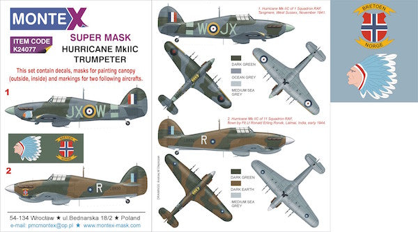 Montex K24077 1:24 Hurricane Mk.IIC 2 canopy mask (interior and exterior canopy frame mask) + insignia and markings masks + decals